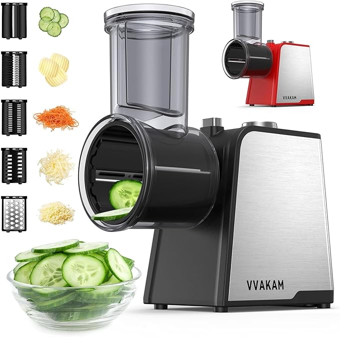 Electric Cheese Grater,300W DC Motor Salad Maker,Electric Slicer Shredder with 5 Different Shapes of Blades,Electric Vegetable Cutter for Potato,Carrot,Black