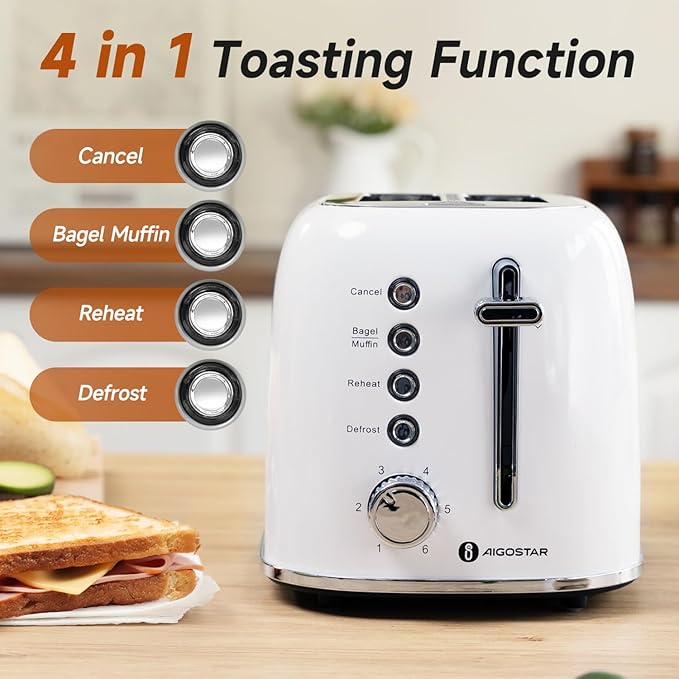 Aigostar Retro 2 Slice Toaster, Stainless Steel, White