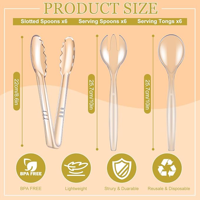 24 Pcs Disposable Clear Plastic Serving Utensils Set, Forks Spoons Tongs