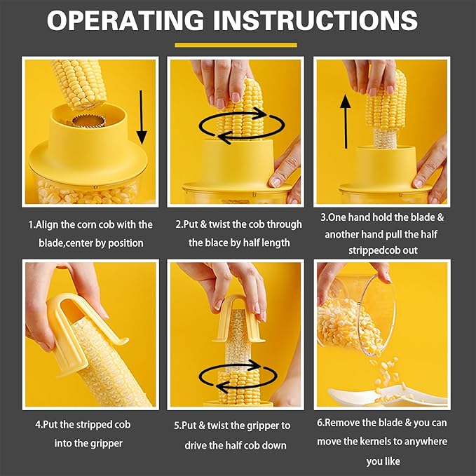 AACGIN Corn Cob Stripper, Corn on the Cob Peeler Shucker Tool, Quick Kernel Remover with Bowl and Safety Handle-Yellow