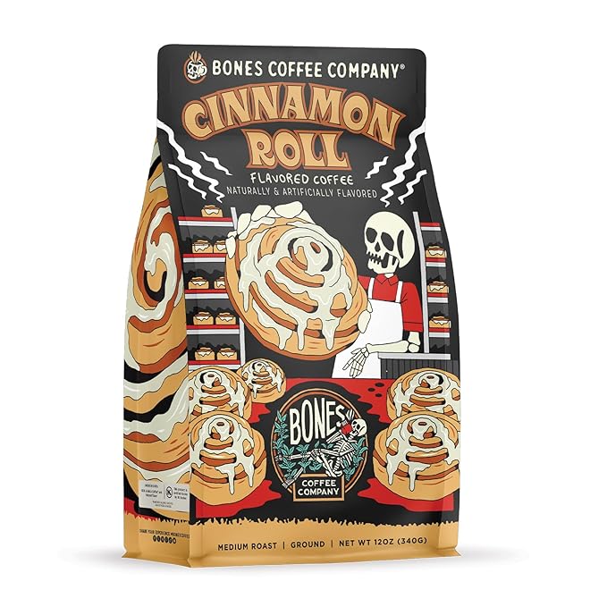 Bones Coffee Company Cinnamon Roll Flavored Coffee, Medium Roast Low Acid Arabica Beans Compatible with Auto drip and French Press Coffee Maker, 12 Oz Ground