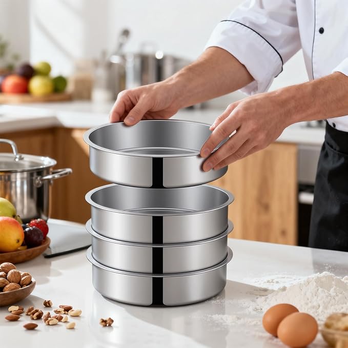 Ohtomber 8 Inch Stainless Steel Layer Cake Pan, Set of 4