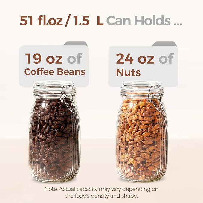 ComSaf Large Ribbed Glass Jars with Airtight Lids 51 oz 3 Pack Wide Mouth