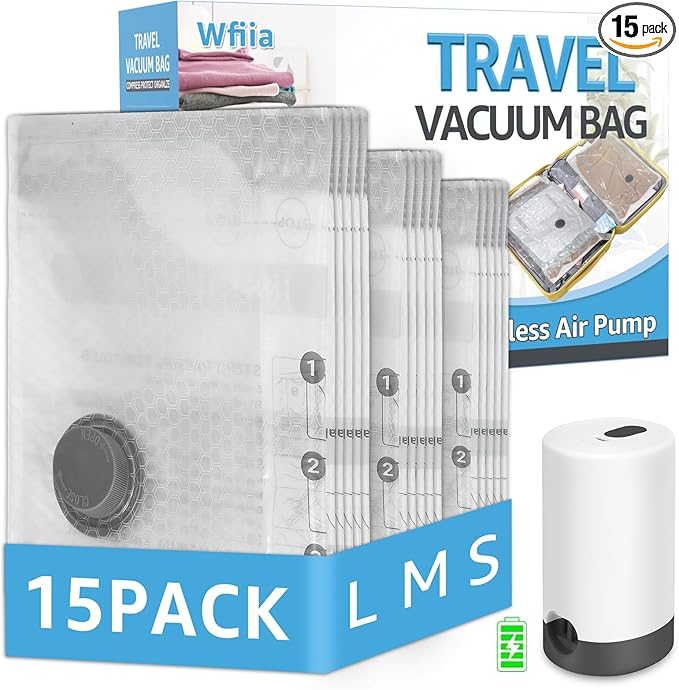 15+1 Packs Vacuum Bags for Travel with Rechargeable Pump, 3 Sizes Vacuum Seal Bags for Clothing, Compression Vacuum Travel Bags for Luggage, Vacuum Packing Bags for Closet Organization