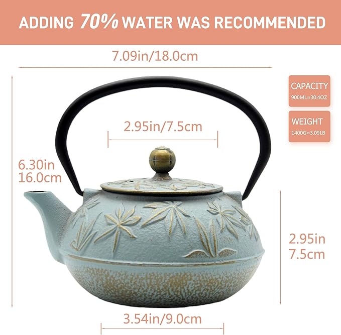 SECHUDO Cast Iron Teapot Tea Kettle with Stainless Steel Infuser for Stovetop Safe Coated with Enameled Interior Japanese Tetsubin with Maple Leaves Pattern(30.4oz/900ml) (Color-5)