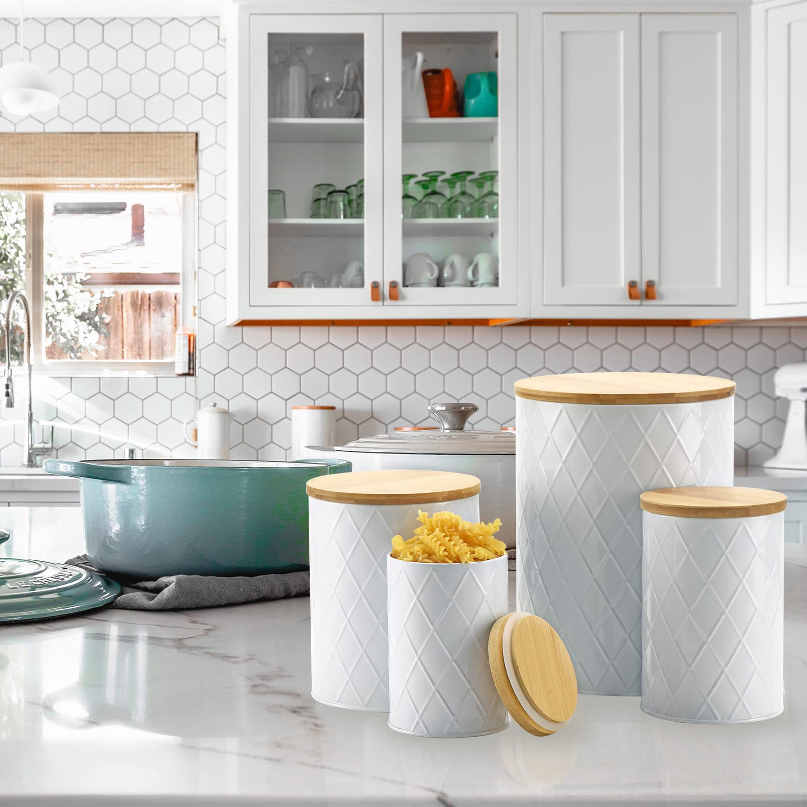 Kazozobi White Kitchen Canisters Set with Bamboo Lids, Airtight Sugar, Flour, Coffee, Cookie Storage Canister Sets for kitchen Countertop, Farmhouse kitchen decor, 4 Pack