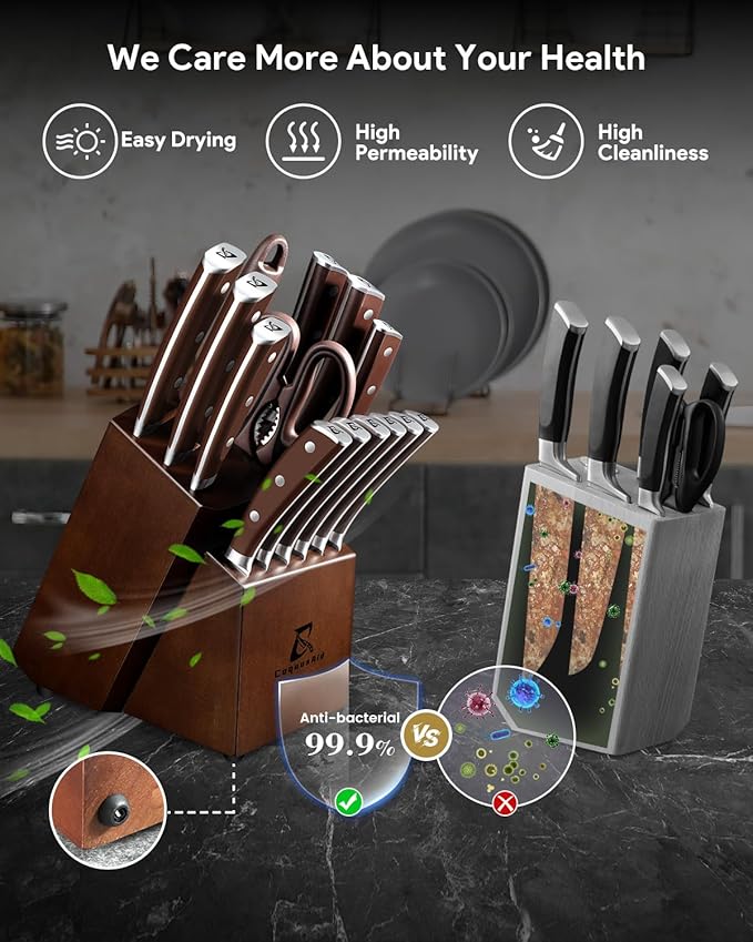 CoquusAid Knife Set, Upgrade 15 Pcs Knife Block Set with Widened Ventilated Slot, German Stainless Steel Kitchen Knives Set with Sharpener, Professional Chef Knives Set, Full Tang Ergonomic Handle