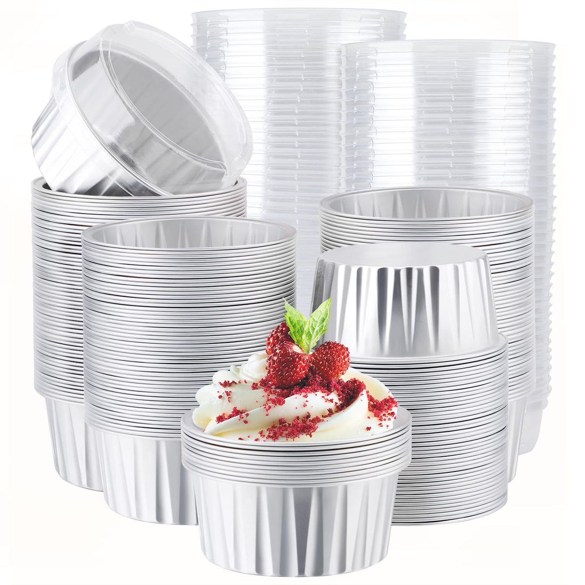 EUSOAR Cupcake Liners for Baking, 50pcs 5oz Muffin Liners, Disposable Foil Ramekins, Dessert Containers, Aluminum Foil Baking Cupcake Cups Holders Pans with Lids 5 Colors Mixed