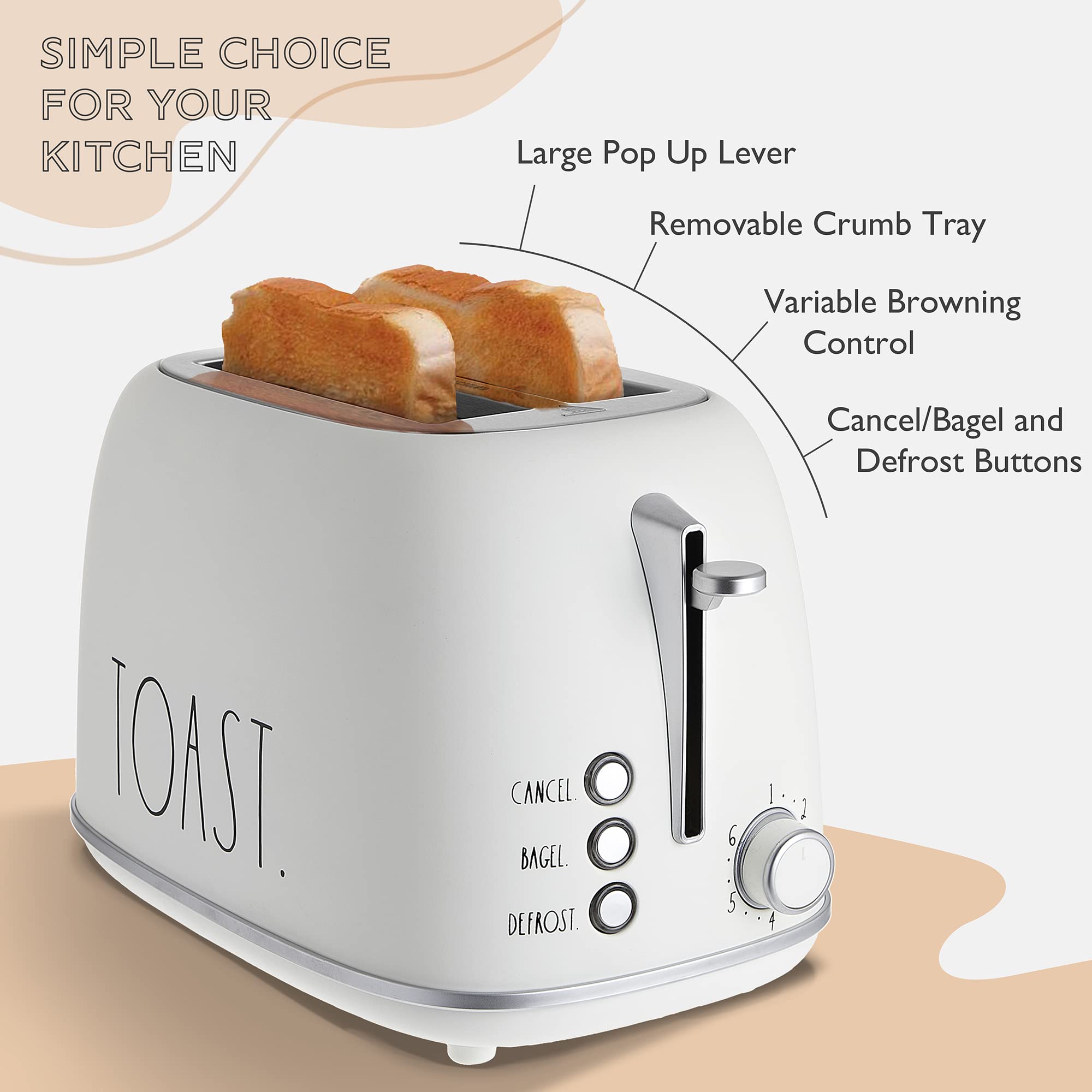 Rae Dunn Retro Rounded Bread Toaster, 2 Slice Stainless Steel Toaster with Removable Crumb Tray, Wide Slot with 6 Browning Levels, Bagel, Defrost and Cancel Options, Cream