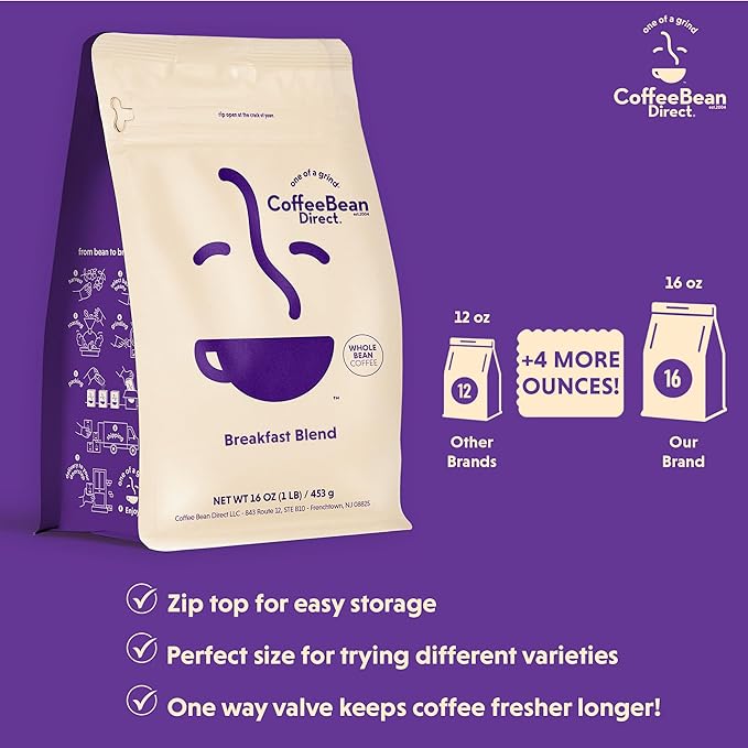 Coffee Bean Direct Breakfast Blend, Whole Bean, 1lb Bag