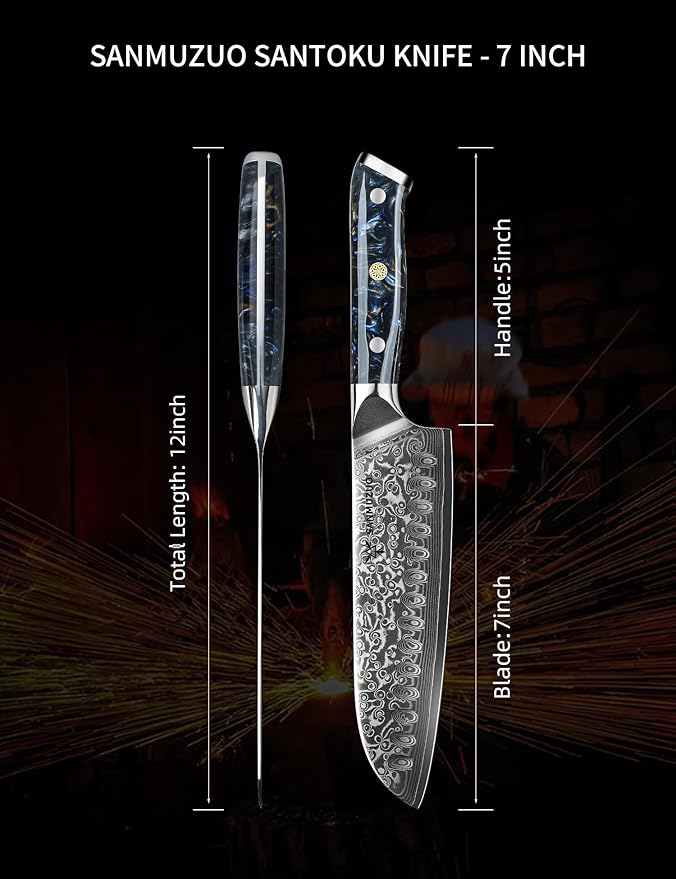SANMUZUO Santoku Knife - 7 inch - Xuan Series - VG10 Damascus Steel Kitchen Knife - Resin Handle (Starry Black)