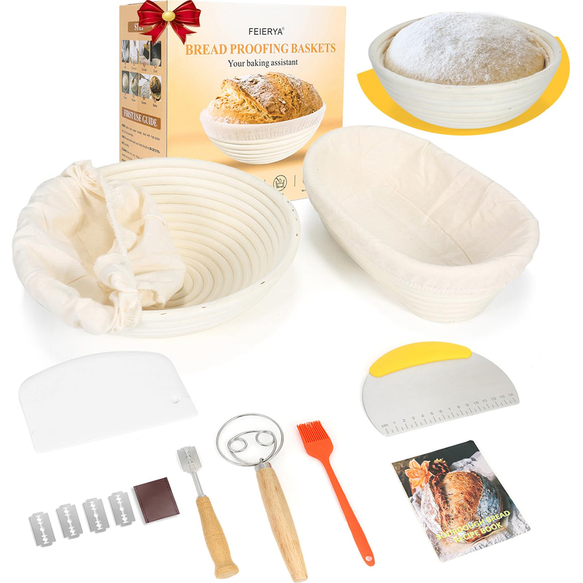 Banneton Bread Proofing Basket Set with Liners,9 Inch Round & 10 Inch Oval Sourdough Baking Kit for Professional & Home Use
