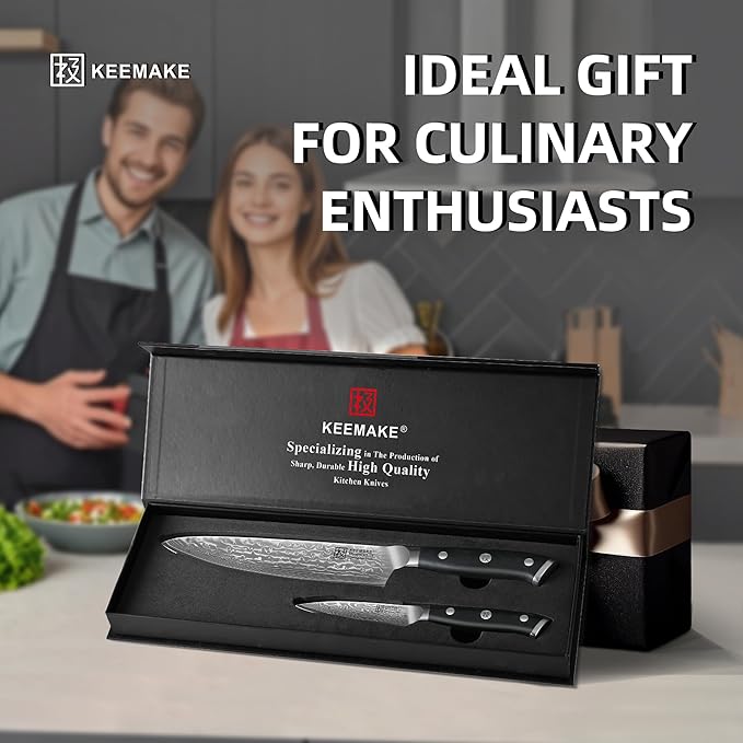 KEEMAKE Damascus Kitchen Knife Set, 2PCS Ultra Sharp 67-Layer Damascus Steel Chef Knife with G10 Non-Slip Handle, Elegant Box for Men Husband