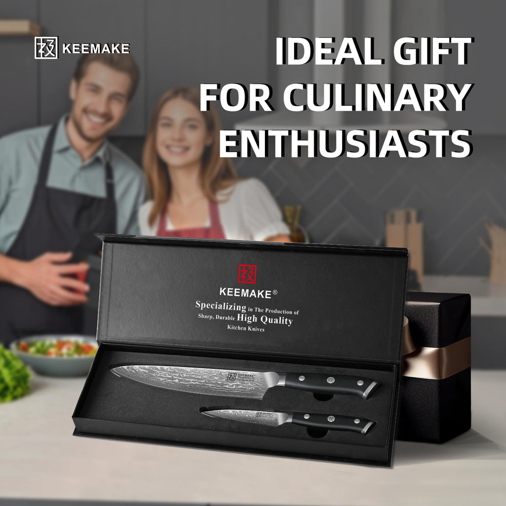 KEEMAKE Damascus Kitchen Knife Set, 2PCS Ultra Sharp 67-Layer Damascus Steel Chef Knife with G10 Non-Slip Handle, Elegant Box for Men Husband