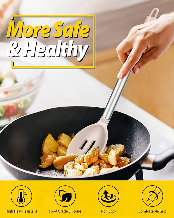 BUNDLEPRO Silicone Cooking Spoons for Non Stick Cookware, 2 Pack, KHAKI