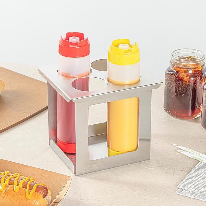 Restaurantware Squeeze Bottle Holder 1 Count 6.30 x 7.01 x 6.26 Inches Stainless Steel Condiment Organizer - Four-Hole Durable Kitchen Rack - Silver Prep Station Organizer