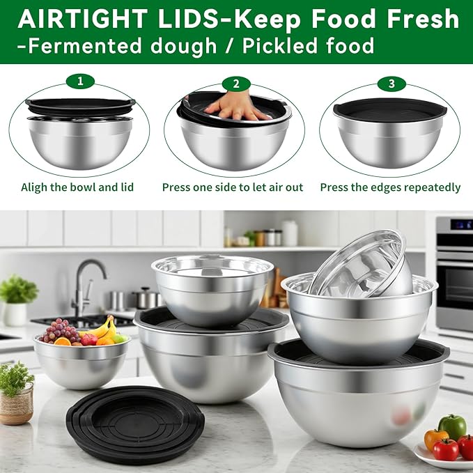 WEPSEN Mixing Bowls Set, 25PCS Stainless Steel Mixing Bowl with Lid Set, Large Nesting Bowls 7, 4.5, 3,2, 1.5QT, Measuring Cups and Spoons Baking Utensils Metal Bowl for Kitchen Prep