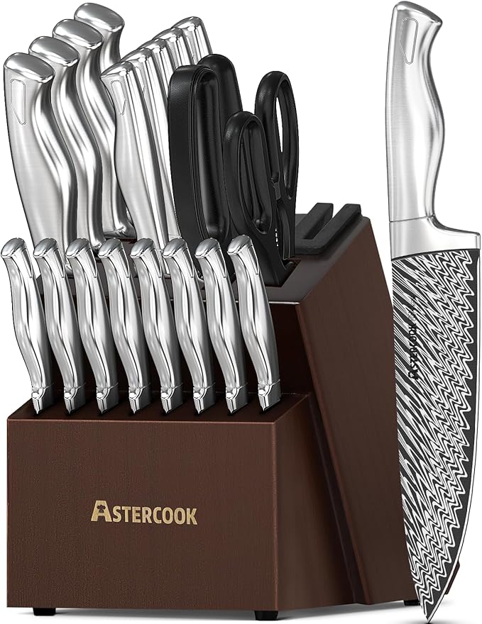 Knife Set, Astercook 21 Pieces Kitchen Knife Set with Built-in Sharpener, German Stainless Steel Knife Block Set, Razor-Sharp Knives with Full-tang Handle, Dishwasher Safe Kitchen Utensils Set
