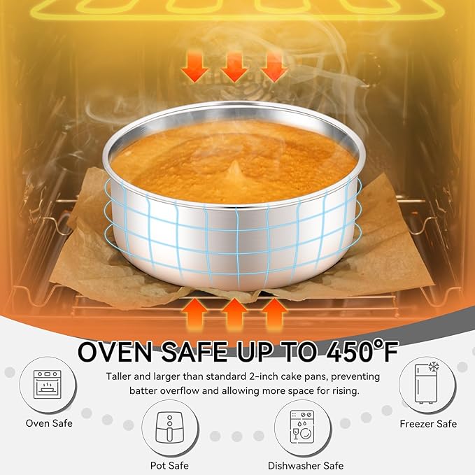 Leonyo Tall Round Cake Pans, 6’’- 8’’- 9½’’ Cake Pan Set for 3, Stainless Steel Round Layer Baking Tier Cake Pans Set, 3-Tiered Cake Tins for Birthday Wedding, Non Toxic & Healthy, Dishwasher Safe