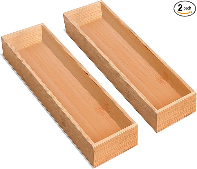 guiogc Silverware Drawer Organizer, Utensil Organizer, Bamboo Storage Box Wood Tray for Drawer Set of 2