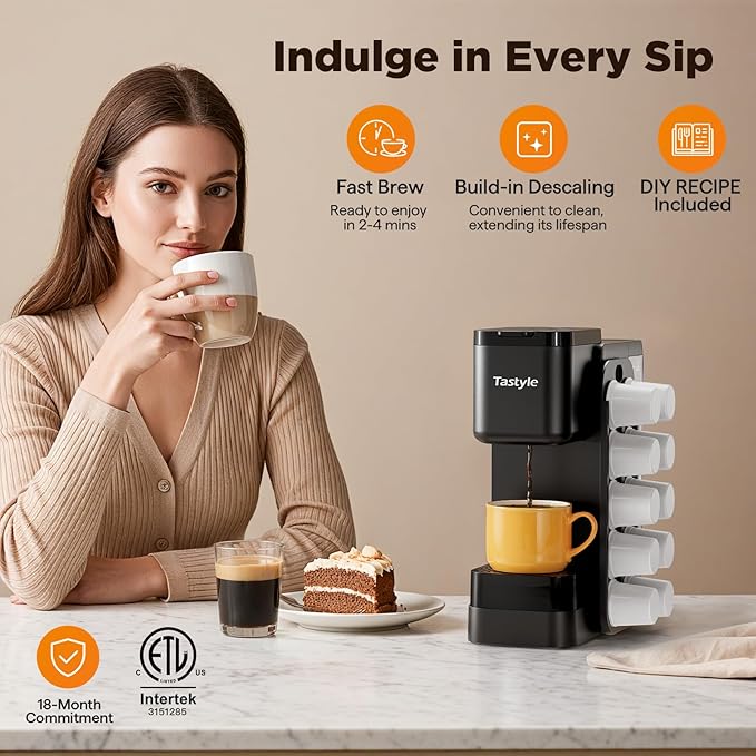 Tastyle Hot & Iced Coffee Maker with Magnetic K-Pod Holder, Fits 7.3'' Mug