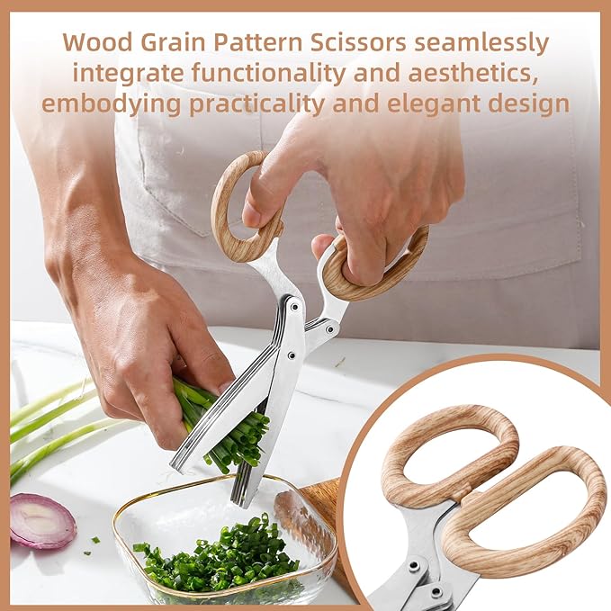 ccraowo 2025 New Herb Scissors Set - Wood Grain Pattern 5 Blades with Cover and Comb - Skin-Friendly Handle, Delicate Grip - Dishwasher Safe, Anti-Rust Stainless Steel for Cutting Fresh Garden Herbs