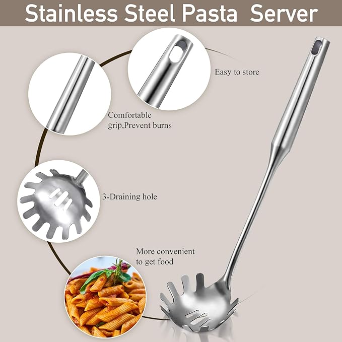Patelai Stainless Steel Spaghetti Spoon and Pasta Tongs Set, Long Handle Noodle Server Tools with Drain Holes, Non-slip Grip for Cooking, Serving Pasta and Noodles(Sliver)