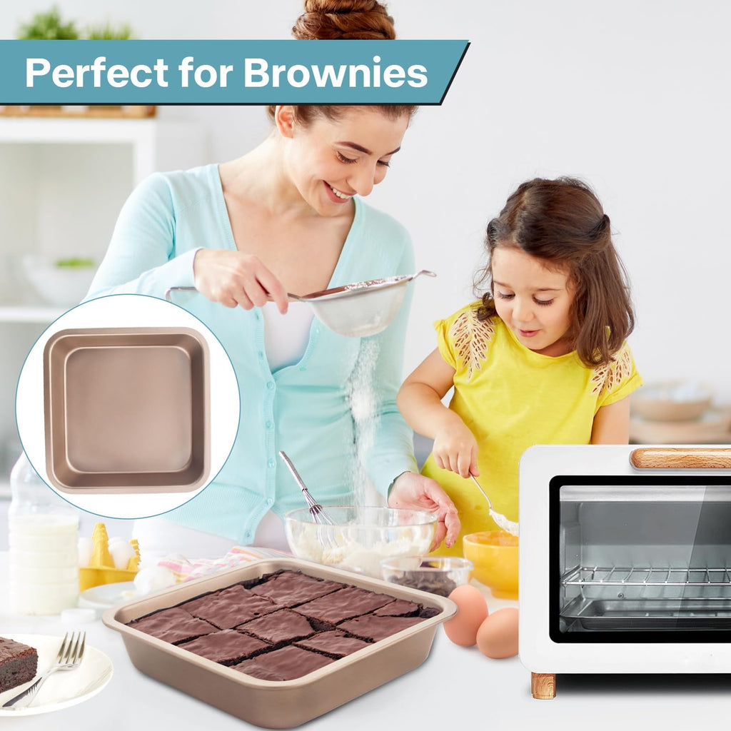 Spmarkt 2-Pack 8 Inch Square Baking Pan, Carbon Steel Nonstick Brownie Pan 8x8, BPA Free Stackable Square Cake Pan, Oven & Air Fryer Safe, Easy to Clean — Gold