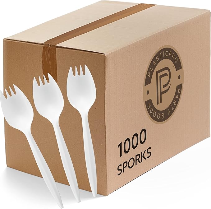 Plasticpro Cutlery Plastic Sporks Medium Weight Disposable Silverware White (1000 Count)