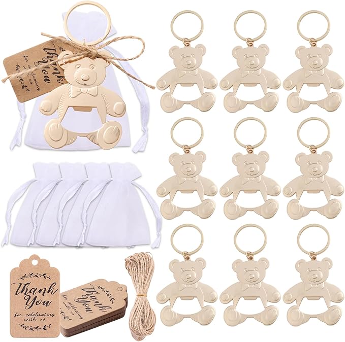 Uezea Bottle Openers Baby Shower Return Favors for Guests Cute Bottle Opener Decorations and Souvenirs with Organza Bags Tags for Theme Party Favors (Retro Style,73 pieces) (Teddy bear)
