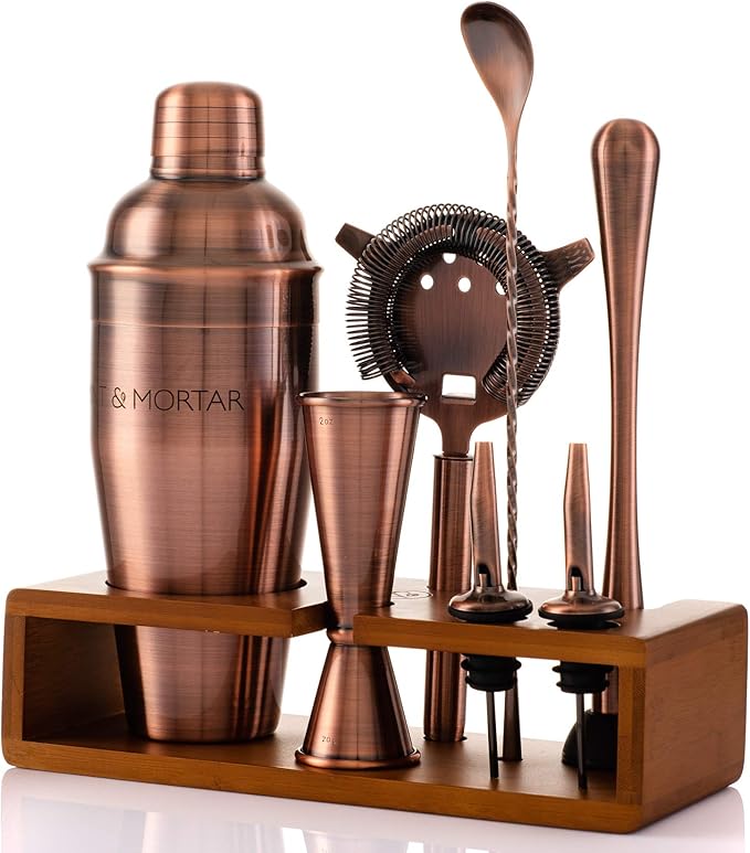 Mint & Mortar Cocktail Shaker Set – 7-Piece Stainless Steel Bartender Kit with Premium Bamboo Stand for Home Bartending - All-in-One Mixology Set for Beginners & Pros (Brushed Copper)