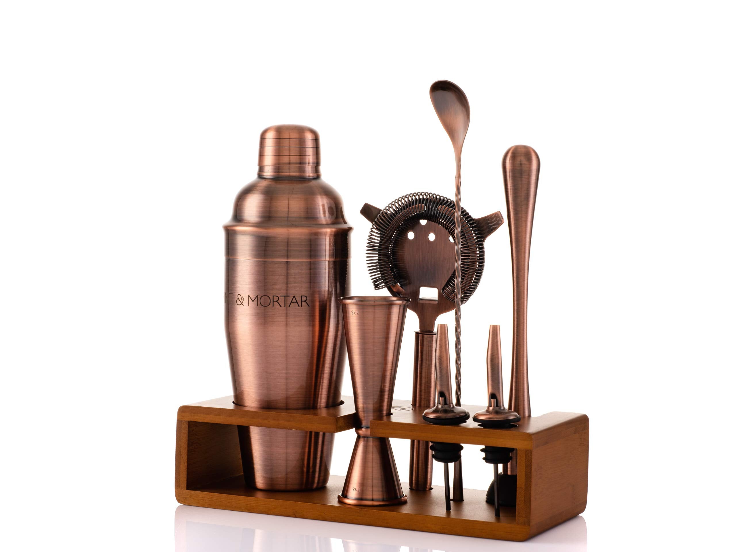 Mint & Mortar Cocktail Shaker Set – 7-Piece Stainless Steel Bartender Kit with Premium Bamboo Stand for Home Bartending - All-in-One Mixology Set for Beginners & Pros (Brushed Copper)