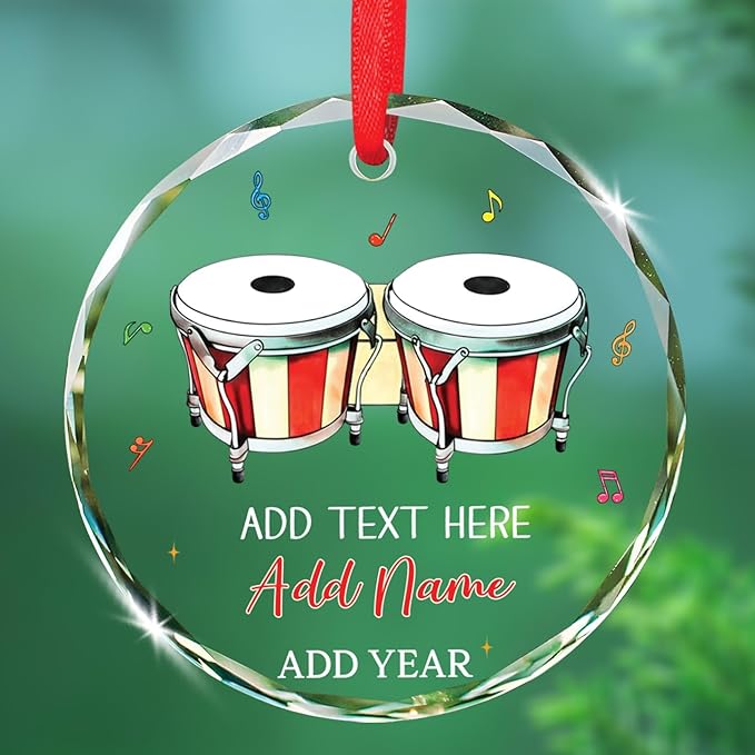 Bongo Drum Player Christmas Ornament Gifts, Personalized Text & Name Musical Instrument Glass Ornament Xmas Tree 2026, Bongo Glass Ornaments Gifts for Drummer Music Lovers, Custom Musician Ornaments