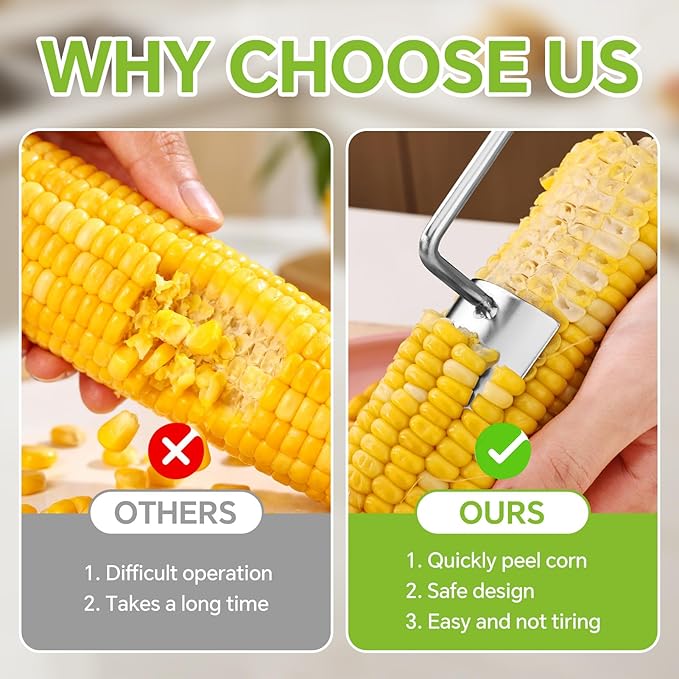 2PCS Corn Cob Stripper, 2025 New Corn Peeler for Corn on the Cob, Corn Cutter to Cut Corn off the Cob, Long Handle Stainless Steel Corn Stripping Tool for Home Kitchen & Outdoor Dining