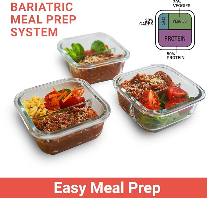 BariBowl Portion Control Containers for Bariatric Meals – 8 oz Glass Meal Prep Containers with Two 4 oz Compartments and Lids (3 Pack), Reusable Bento Lunch Boxes