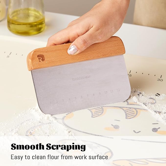 ROCKSHEAT Bench Scraper & Chopper, Stainless Steel Dough Cutter with Wooden Handle, Thick Sharp Blades Pizza Bread Cutter, Multipurpose Kitchen Tool for Baking Cooking