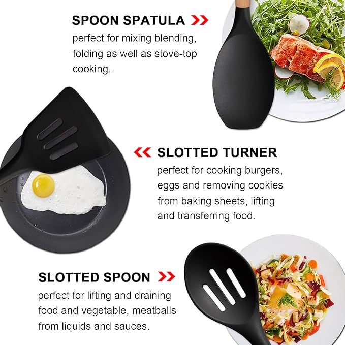 IOCBYHZ Silicone Cooking Utensils Set of 5, Heat Resistant Silicone Kitchen Utensils Set with Wooden Handle, BPA Free Spatula Spoon Turner Ladle Cooking Kitchen Gadgets for Nonstick Cookware & Baking