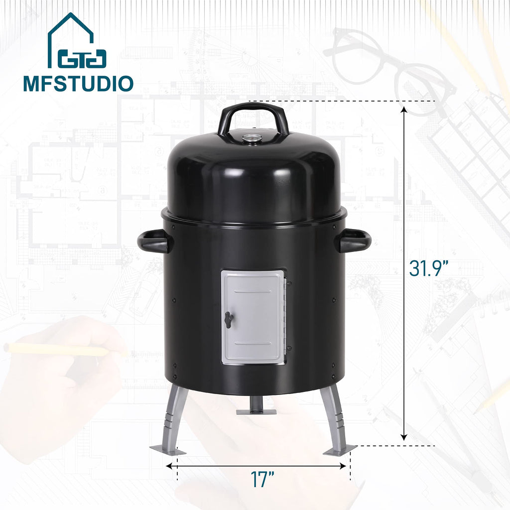 MFSTUDIO 17" Vertical Smoker Charcoal Wood Chunks with Thermometer, Black