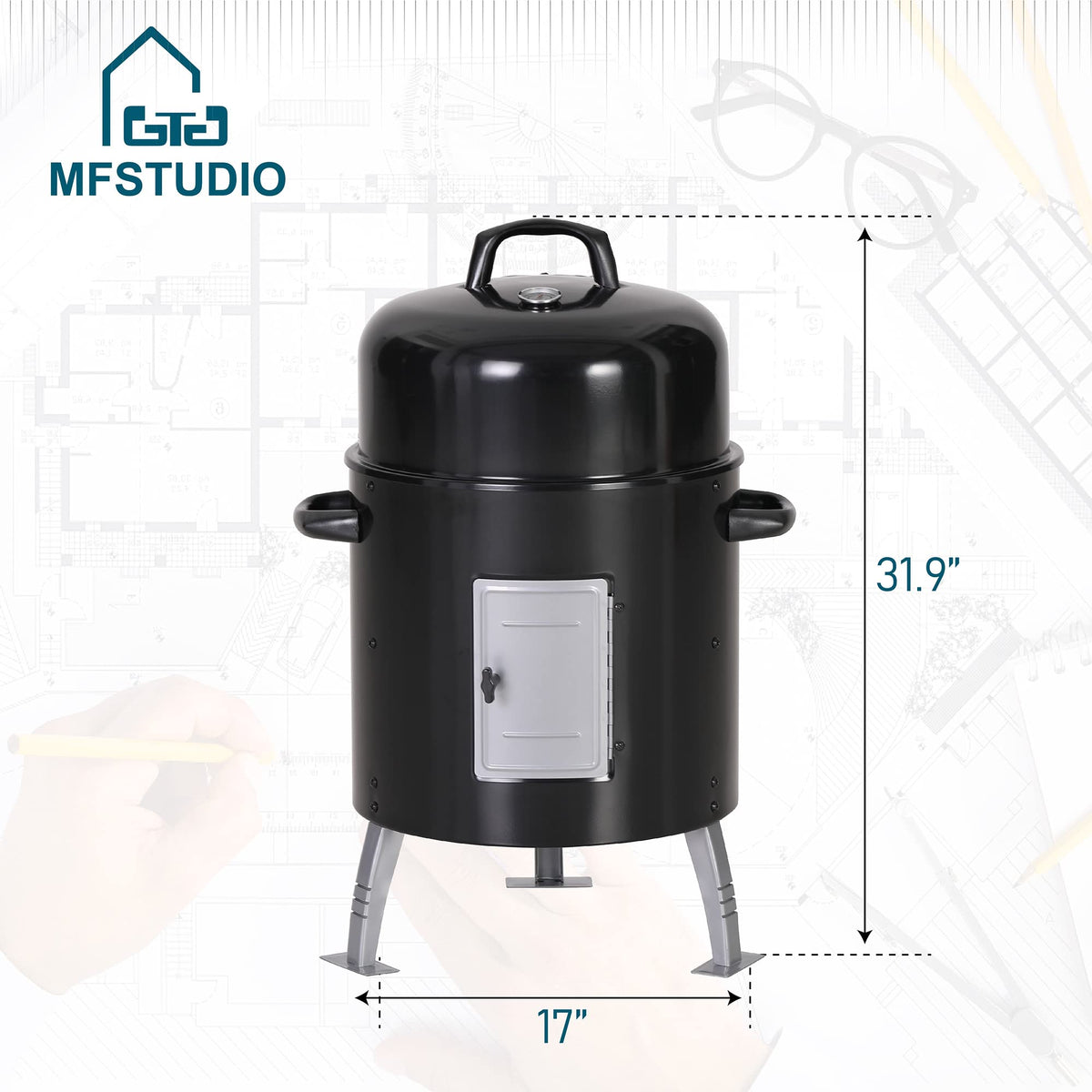 MFSTUDIO 17" Vertical Smoker Charcoal Wood Chunks with Thermometer, Black