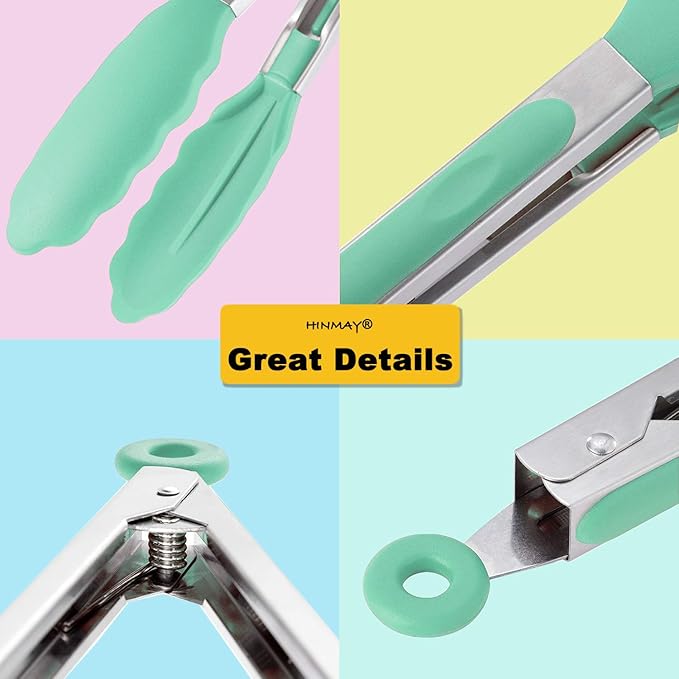 HINMAY 9" Kitchen Cooking Tongs with Silicone Tips, Set of 3 (Mint)