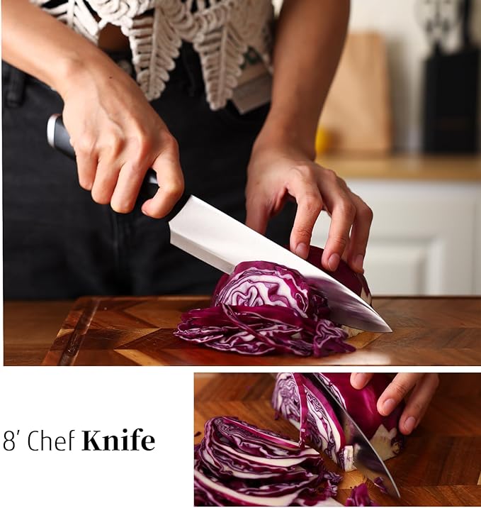 Diamosteel Black Knife Set with Wooden Block, 7-Piece Sharp Knife Block Set