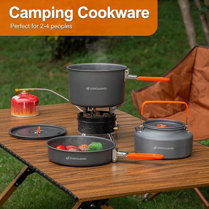 Odoland Camping Cookware Mess Kit, 4-Piece Set with Pot, Fry Pan, Kettle, and Mesh Bag, Aluminum, Black, Compact, for 3-4 People, Outdoor Cooking and Picnic