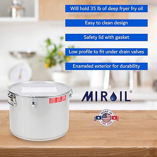 MirOil Oil Grease Bucket & Filter Pot, Silver (7 Gallon) – Fryer Container w/Lid Lock & Clip, Food Grade Interior Coating - Hot Grease Collection Pot - Made In USA – Model #60L
