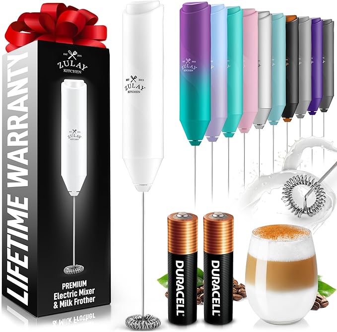 Zulay Kitchen Powerful Milk Frother AA Batteries Included – Ultra Fast Handheld Drink Mixer with Stainless Steel Whisk Stirrer for Coffee, Protein, Matcha & More, Frother Wand Electric Frothmate