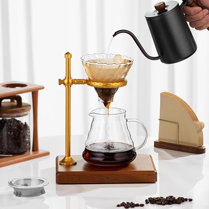 shoxil Pour Over Coffee Maker Set – Glass Coffee Dripper with Stainless Steel Stand, Wooden Base & 40 Filters – Travel Filter Coffee Maker