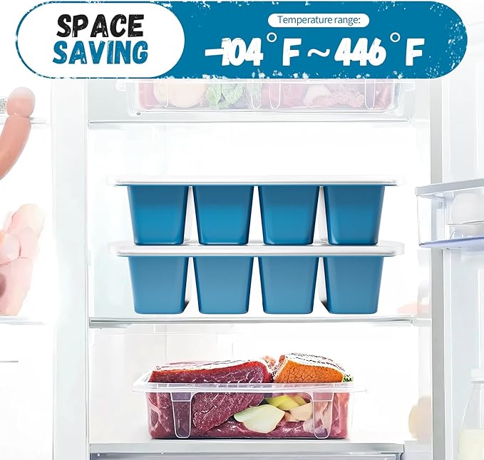 GORCI Silicone Freezer Tray With Lid, 8 Large 1 Cup Soup Freezer Molds, Soup Freezer Container for Meal Prepping, Large Ice Cube Tray， Perfect for Storing Leftovers, Sauces, Lasagna, 2-Pack