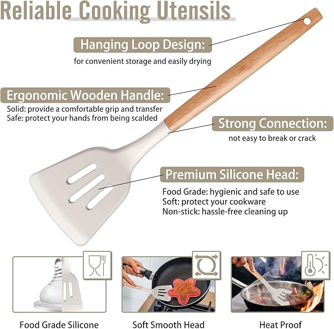 P&P CHEF 6 PCS Kitchen Utensils with Wooden Handle, Khaki