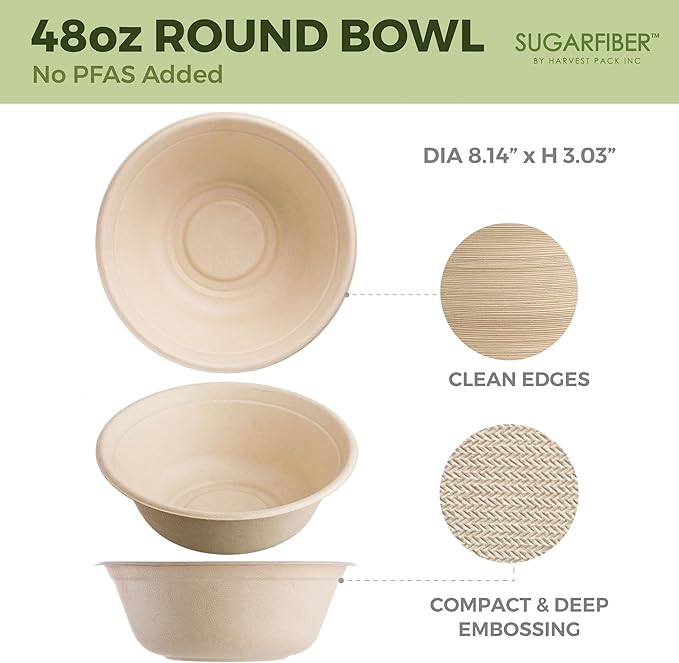 48oz Compostable Paper Bowls Disposable Round Natural Large Bowls,500 Count