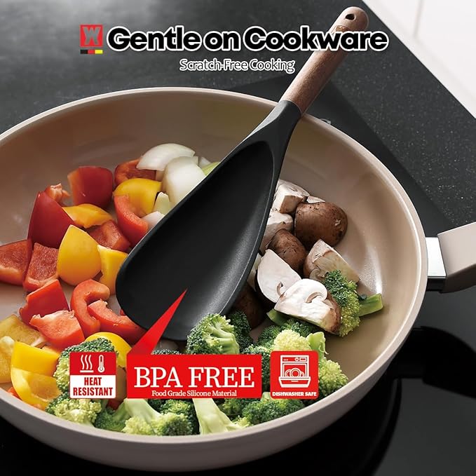 WAGENSTEIGER Silicone Long Head Cooking & Serving Spoon with Wooden Handles: Multi-Functional Design, Silicone Rounded Spatula for Mixing, Scoop, and Scrape, Great for Stir Frying