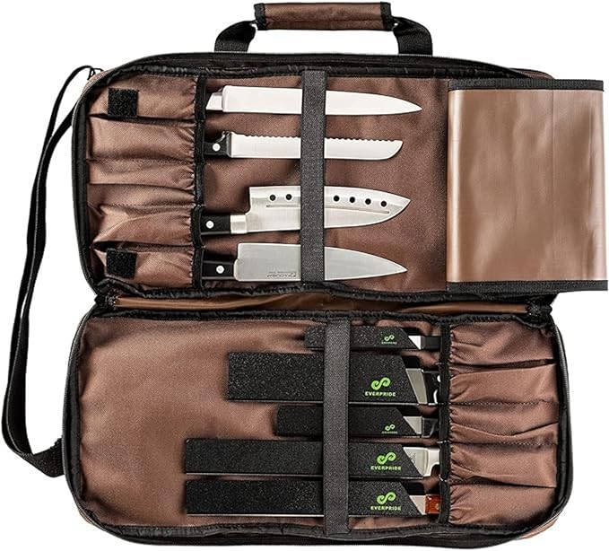 EVERPRIDE Chef Knife Bag Holds 20 Knives PLUS Large Zippered Compartment for Kitchen Tools – Durable, Large Knife Bag for Chefs – Professional Grade and makes a great gift!